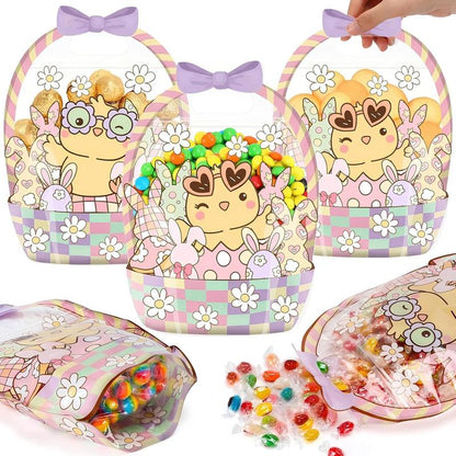 Easter Goodie Bags Plastic Candy Gift Bags with Handle Bunny Chick Pattern Transparent Treat Bags