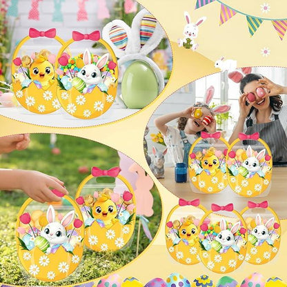 Easter Goodie Bags Plastic Candy Gift Bags with Handle Bunny Chick Pattern Transparent Treat Bags