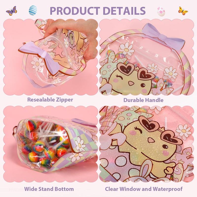 Easter Goodie Bags Plastic Candy Gift Bags with Handle Bunny Chick Pattern Transparent Treat Bags