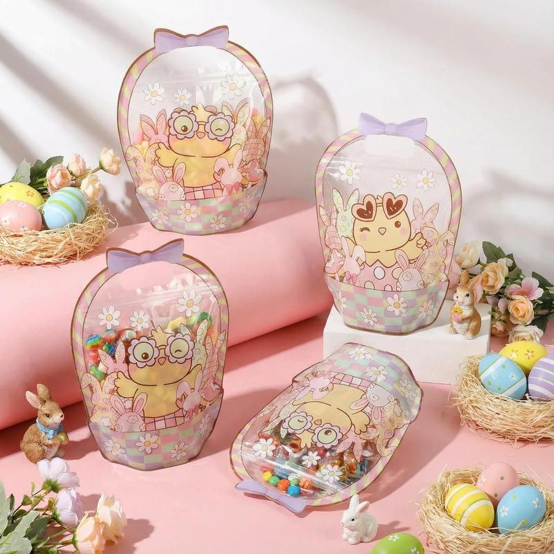 Easter Goodie Bags Plastic Candy Gift Bags with Handle Bunny Chick Pattern Transparent Treat Bags