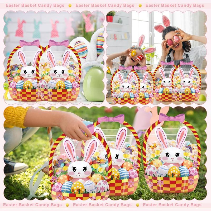 Easter Goodie Bags Plastic Candy Gift Bags with Handle Bunny Chick Pattern Transparent Treat Bags